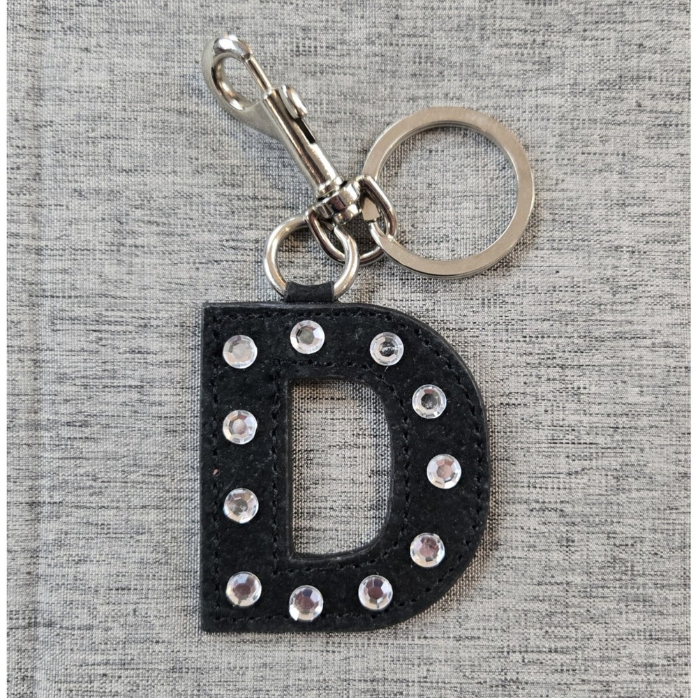 D Initial With Clear Rhinestone On Black Keychain Silver-tone Lobster Clasp